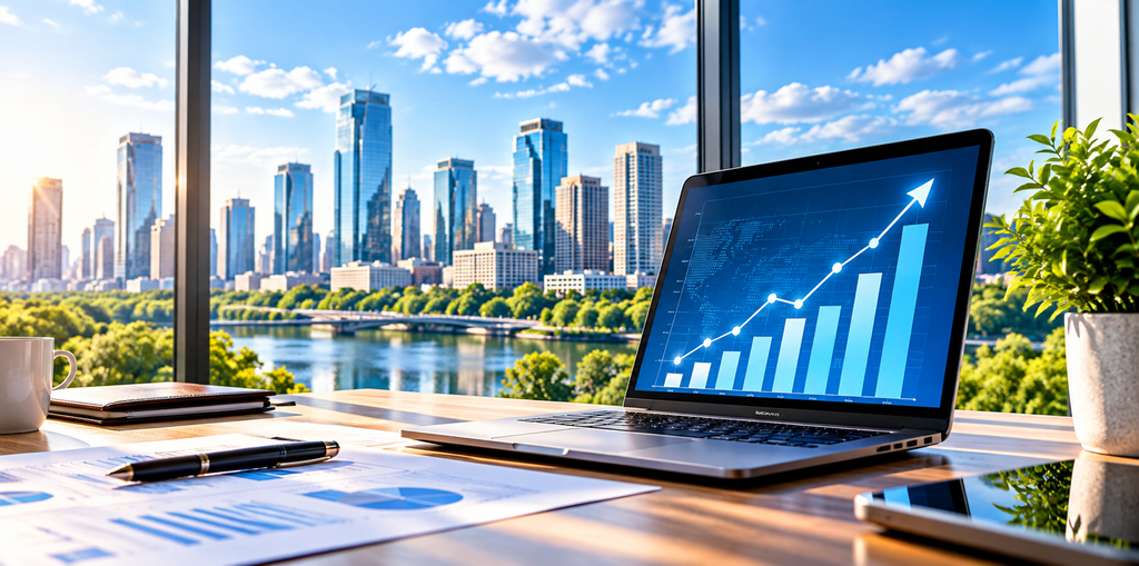 Modern Analytics Workspace overlooking Cityscape